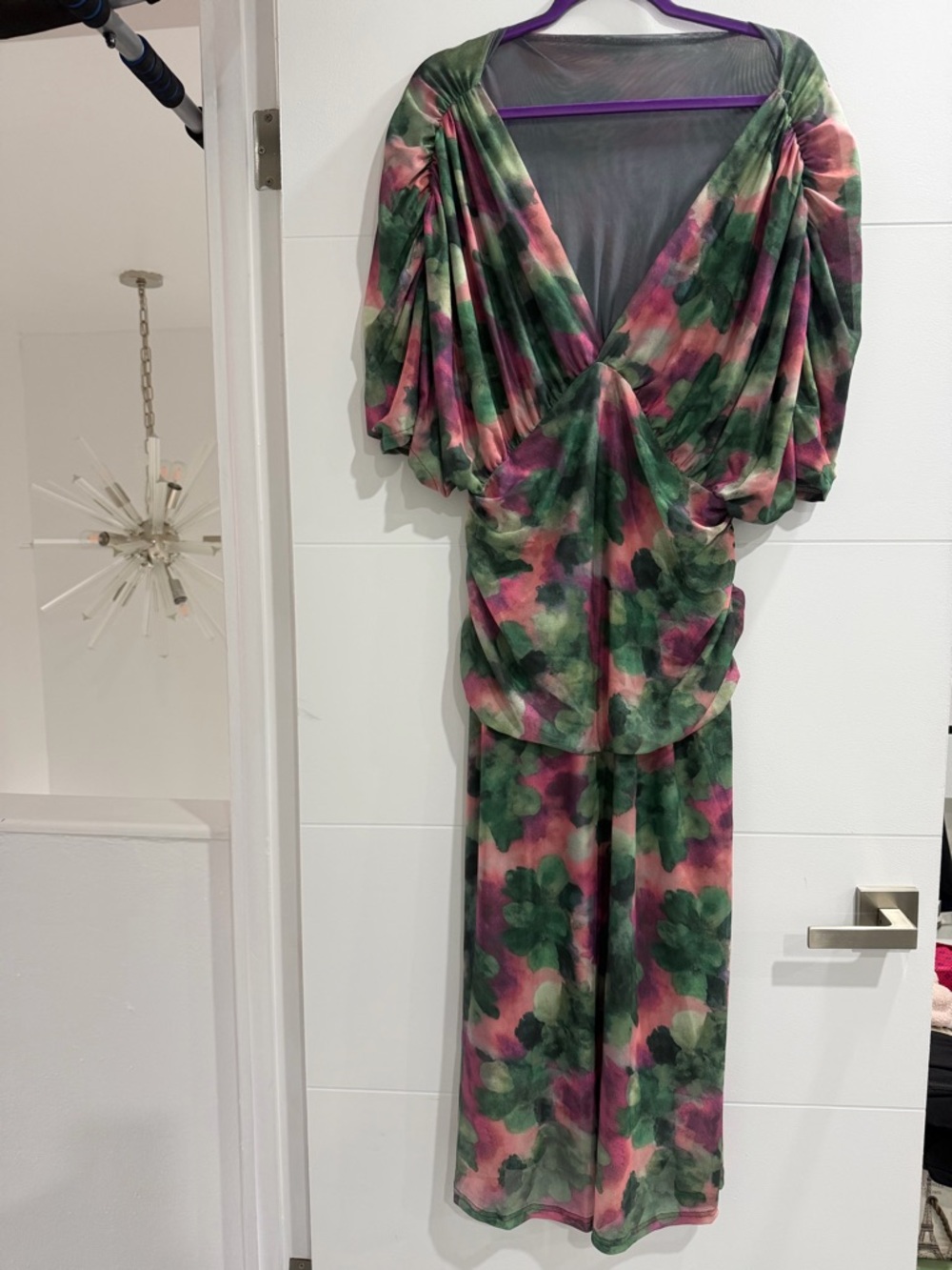 Green and Pink Floral Draped Maxi Dress no size but it’s Large